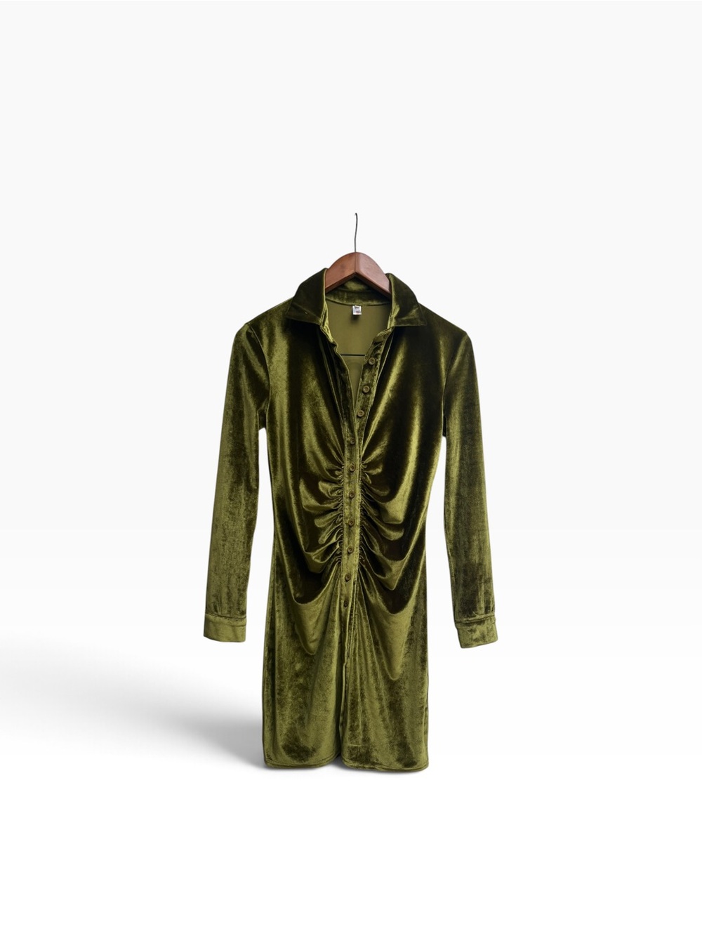 Vibrant Green Velvet Ruched Button-Front Mini Dress